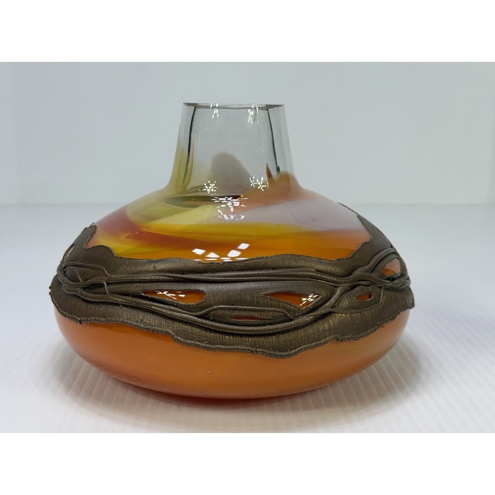 Hand Blown‎ Art Glass Vase Decorative Copper Coated Metal Ring Embedded Orange
